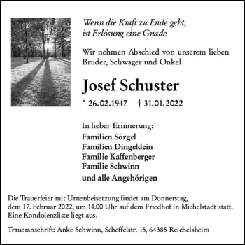 Traueranzeige von Josef Schuster von vrm-trauer Odenwälder Echo