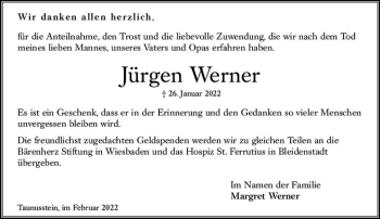 Traueranzeige von Jürgen Werner von vrm-trauer Wiesbadener Kurier