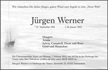 Traueranzeige von Jürgen Werner von vrm-trauer Wiesbadener Kurier