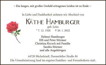 Traueranzeige von Käthe Hamburger von vrm-trauer Odenwälder Echo