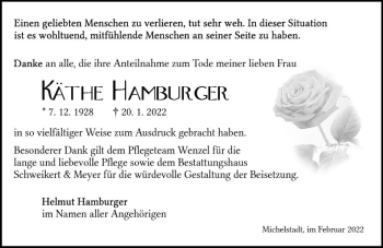 Traueranzeige von Käthe Hamburger von vrm-trauer Odenwälder Echo
