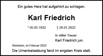 Traueranzeige von Karl Friedrich von vrm-trauer Darmstädter Echo