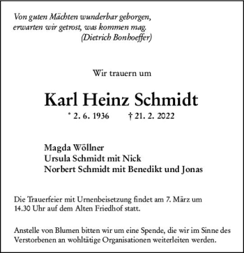 Traueranzeige von Karl Heinz Schmidt von vrm-trauer Hochheimer Zeitung