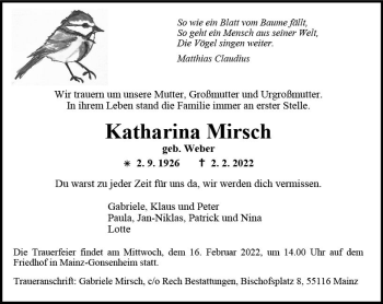 Traueranzeige von Katharina Mirsch von vrm-trauer AZ Mainz