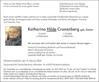 Traueranzeige von Katharina Hilde Cronenberg von vrm-trauer Wormser Zeitung