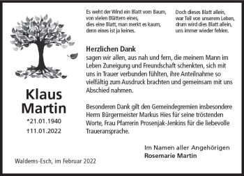 Traueranzeige von Klaus Martin von vrm-trauer Idsteiner Zeitung