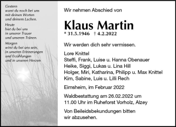 Traueranzeige von Klaus Martin von vrm-trauer AZ Mainz