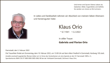 Traueranzeige von Klaus Orio von vrm-trauer Darmstädter Echo