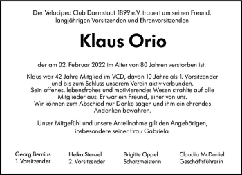 Traueranzeige von Klaus Orio von vrm-trauer Darmstädter Echo