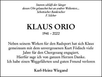 Traueranzeige von Klaus Orio von vrm-trauer Darmstädter Echo