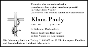 Traueranzeige von Klaus Pauly von vrm-trauer DieburgerAnzeiger/Groß-Zimmerner Lokala
