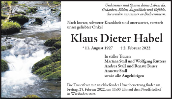 Traueranzeige von Klaus Dieter Habel von vrm-trauer Wiesbadener Kurier