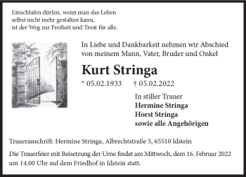Traueranzeige von Kurt Stringa von vrm-trauer Idsteiner Zeitung