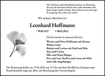 Traueranzeige von Leonhard Hoffmann von vrm-trauer Odenwälder Echo