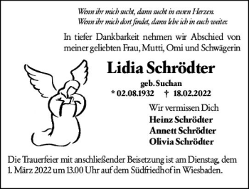 Traueranzeige von Lidia Schrödter von vrm-trauer Wiesbadener Kurier