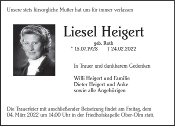 Traueranzeige von Liesel Heigert von vrm-trauer AZ Mainz