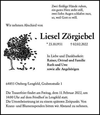 Traueranzeige von Liesel Zörgiebel von vrm-trauer Darmstädter Echo
