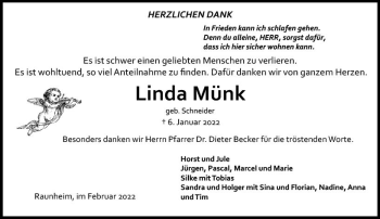 Traueranzeige von Linda Münk von vrm-trauer Rüsselsheimer Echo / MainSpitze