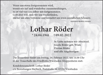 Traueranzeige von Lothar Röder von vrm-trauer Wiesbadener Kurier
