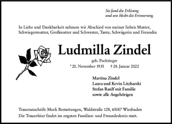 Traueranzeige von Ludmilla Zindel von vrm-trauer Wiesbadener Kurier