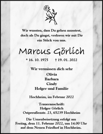 Traueranzeige von Marcus Görlich von vrm-trauer Hochheimer Zeitung