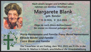 Traueranzeige von Margarete Blank von vrm-trauer Rheingau
