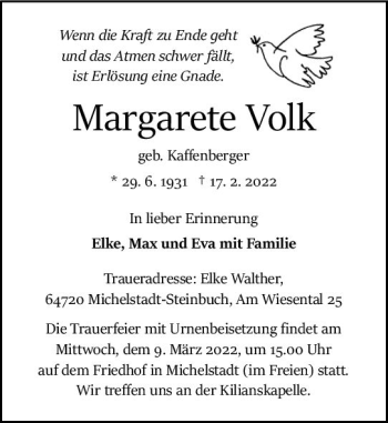Traueranzeige von Margarete Volk von vrm-trauer Odenwälder Echo