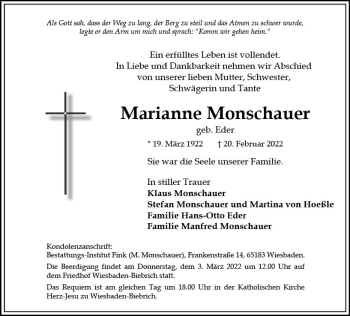 Traueranzeige von Marianne Monschauer von vrm-trauer Wiesbadener Kurier