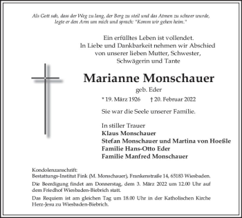 Traueranzeige von Marianne Monschauer von vrm-trauer Wiesbadener Kurier