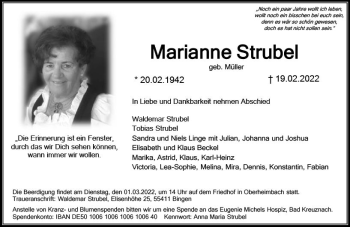 Traueranzeige von Marianne Strubel von vrm-trauer Allgemeine  Zeitung Ingelheim-Bingen