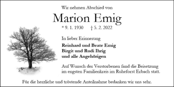 Traueranzeige von Marion Emig von vrm-trauer Odenwälder Echo