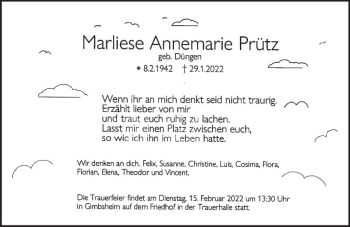 Traueranzeige von Marliese Annemarie Prütz von vrm-trauer Wormser Zeitung
