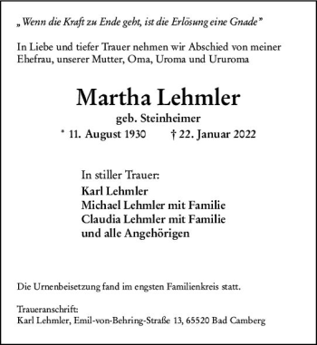 Traueranzeige von Martha Lehmler von vrm-trauer Wiesbadener Kurier