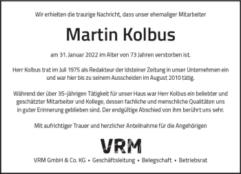 Traueranzeige von Martin Kolbus von vrm-trauer Wiesbadener Kurier