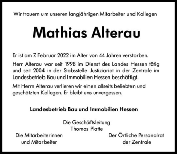 Traueranzeige von Mathias Alterau von vrm-trauer Wiesbadener Kurier
