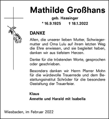Traueranzeige von Mathilde Großhans von vrm-trauer Wiesbadener Kurier