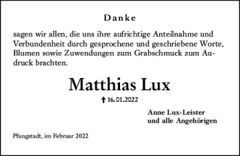 Traueranzeige von Matthias Lux von vrm-trauer Darmstädter Echo