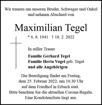 Traueranzeige von Maximilian Tegel von vrm-trauer Odenwälder Echo