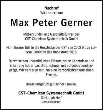 Traueranzeige von Max Peter Gerner von vrm-trauer Wiesbadener Kurier