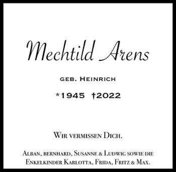 Traueranzeige von Mechthild Arens von vrm-trauer AZ Mainz