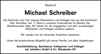 Traueranzeige von Michael Schreiber von vrm-trauer Wiesbadener Kurier