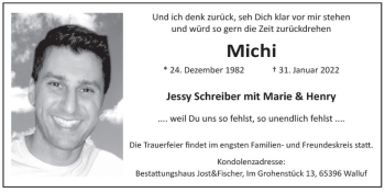 Traueranzeige von Michi  von vrm-trauer Wiesbadener Kurier
