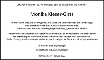Traueranzeige von Monika Kieser-Girts von vrm-trauer Darmstädter Echo