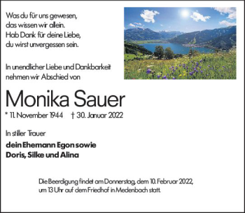 Traueranzeige von Monika Sauer von vrm-trauer Wiesbadener Kurier