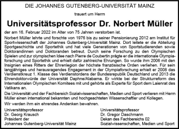 Traueranzeige von Norbert Müller von vrm-trauer AZ Mainz