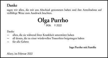 Traueranzeige von Olga Purrho von vrm-trauer Allgemeine Zeitung Alzey