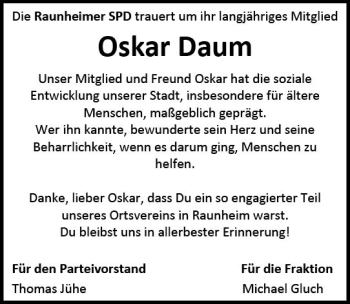 Traueranzeige von Oskar Daum von vrm-trauer Rüsselsheimer Echo / MainSpitze