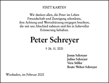 Traueranzeige von Peter Schreyer von vrm-trauer Wiesbadener Kurier