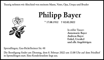 Traueranzeige von Philipp Bayer von vrm-trauer Allgemeine  Zeitung Ingelheim-Bingen