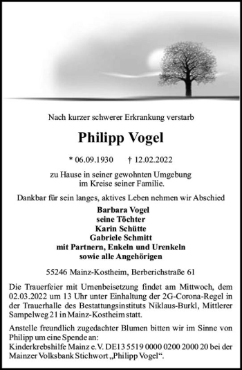Traueranzeige von Philipp Vogel von vrm-trauer AZ Mainz